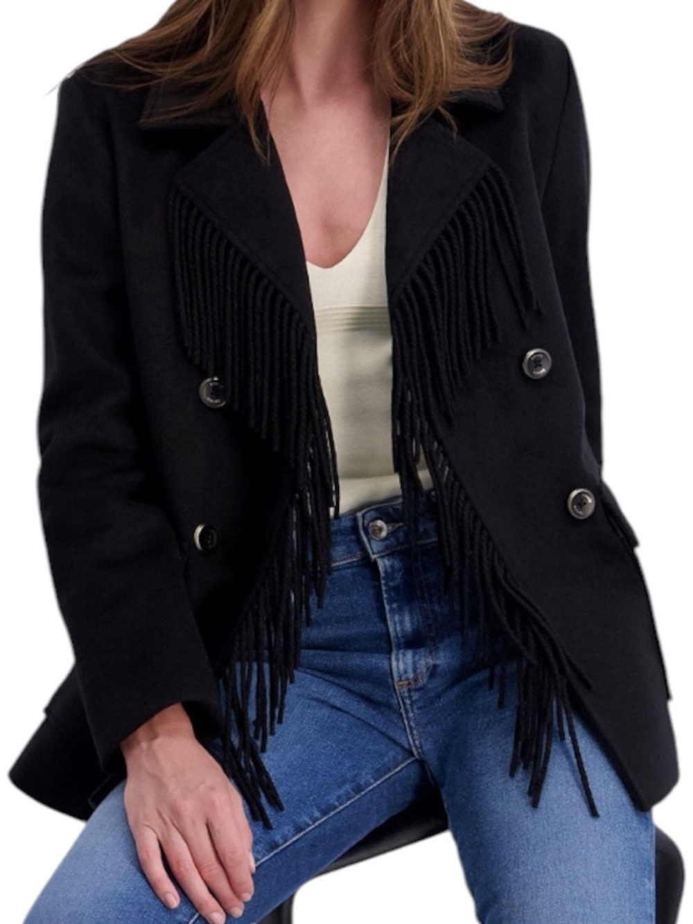 Kensie Fringe Wool Blend Peacoat Jacket Black Double Breasted Patch Pocket Small